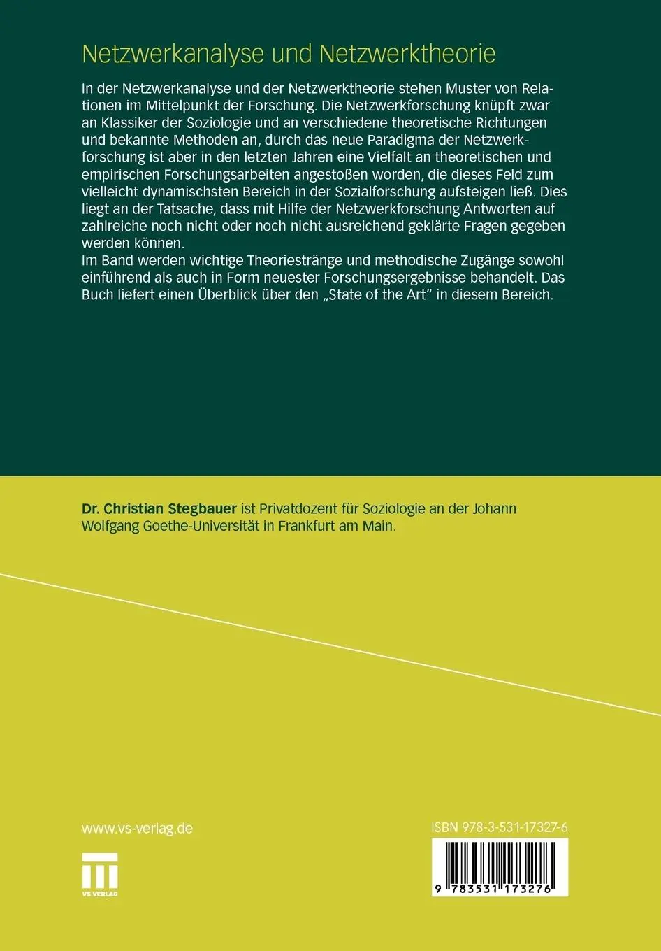 Rückseite: 9783531173276 | Netzwerkanalyse und Netzwerktheorie | Christian Stegbauer | Buch