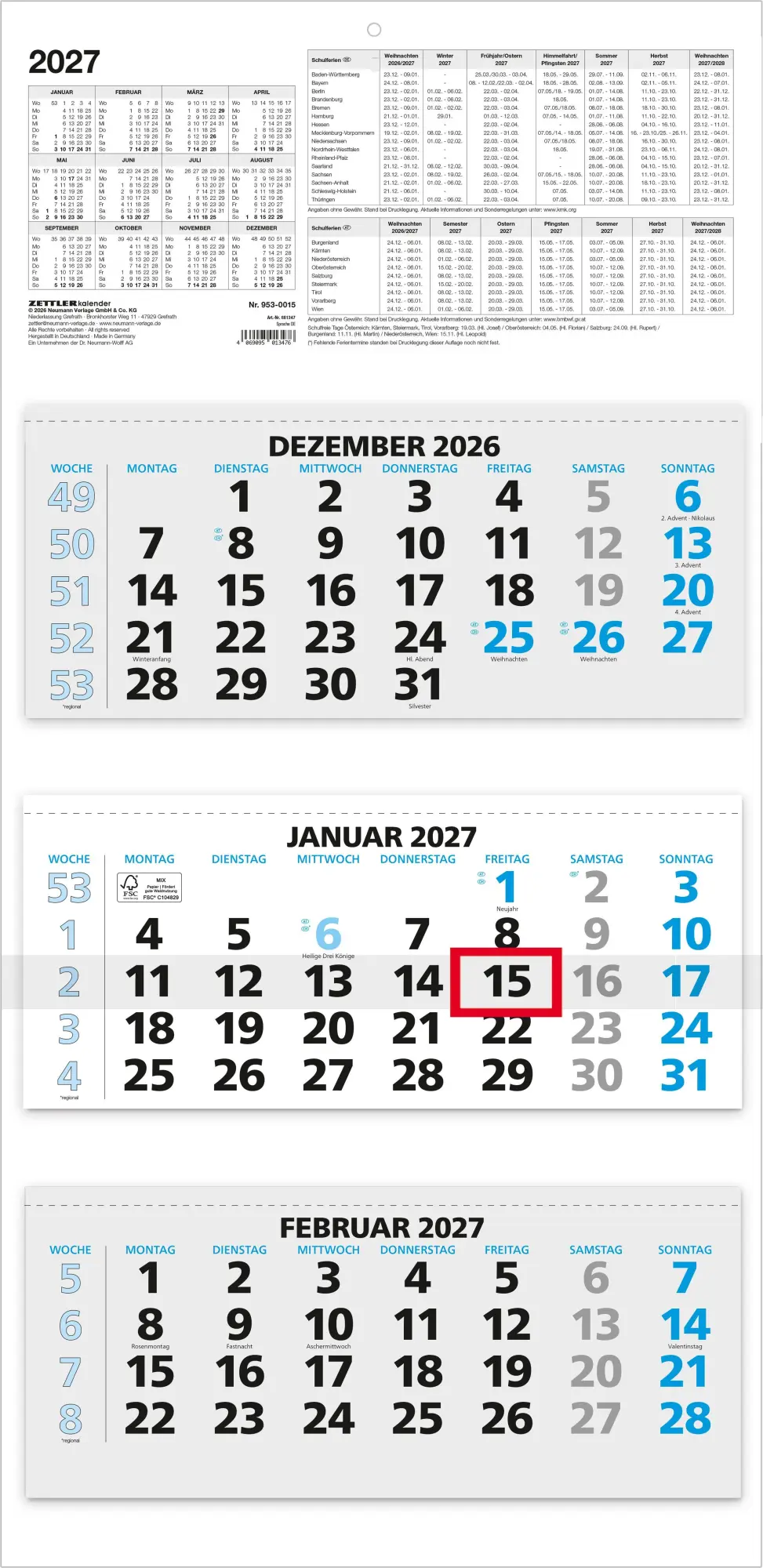 Cover: 4069095013476 | 3-Monatskalender blau 2027 | Neumann Verlage GmbH &amp; Co KG | Kalender