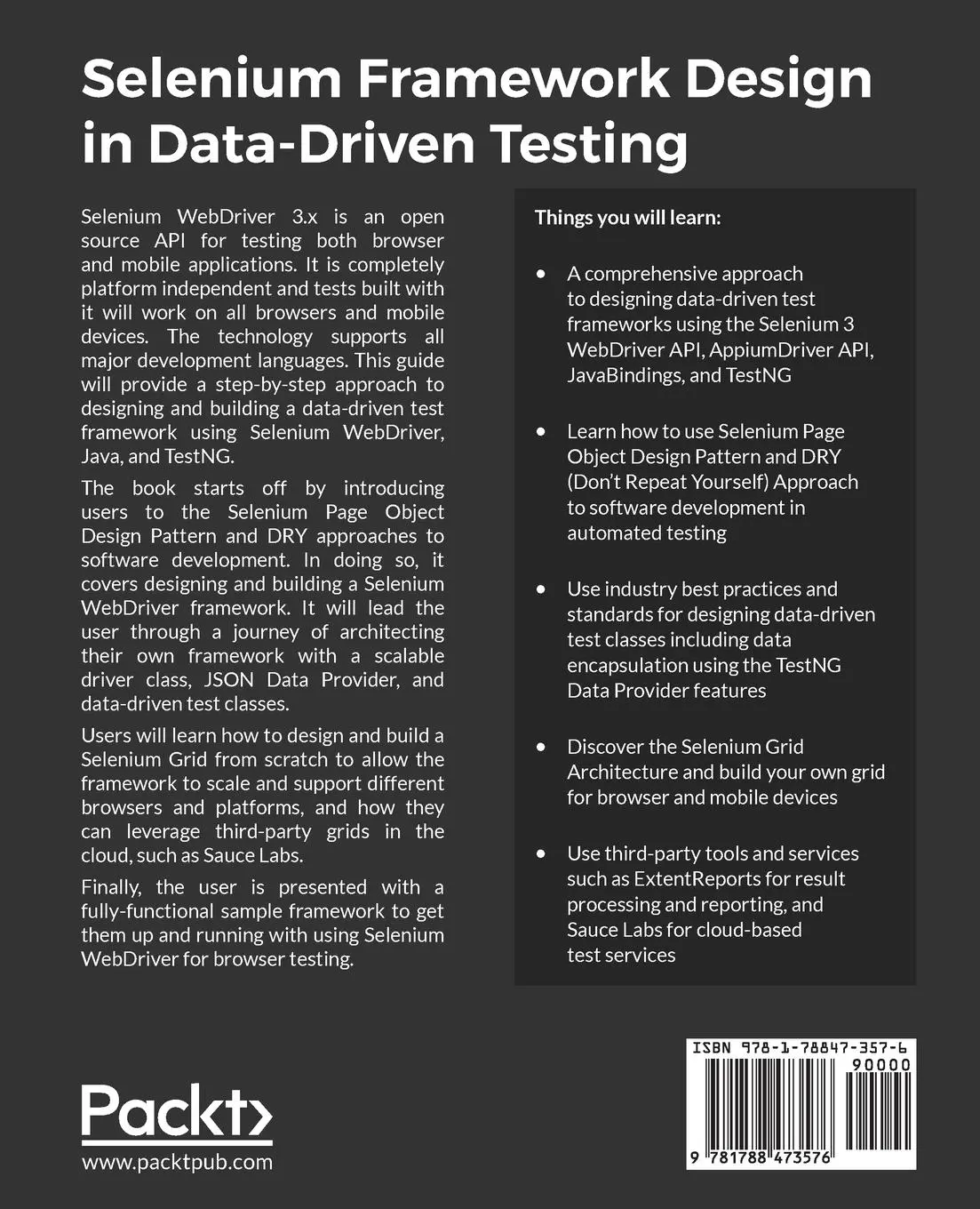 Rückseite: 9781788473576 | Selenium Framework Design in Data-Driven Testing | Carl Cocchiaro