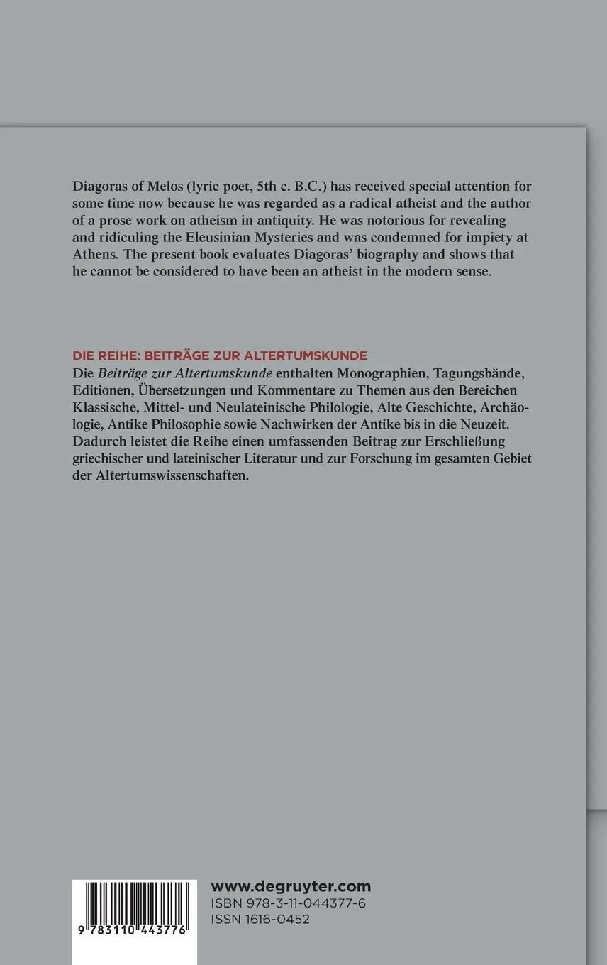 Rückseite: 9783110443776 | Diagoras of Melos | A Contribution to the History of Ancient Atheism