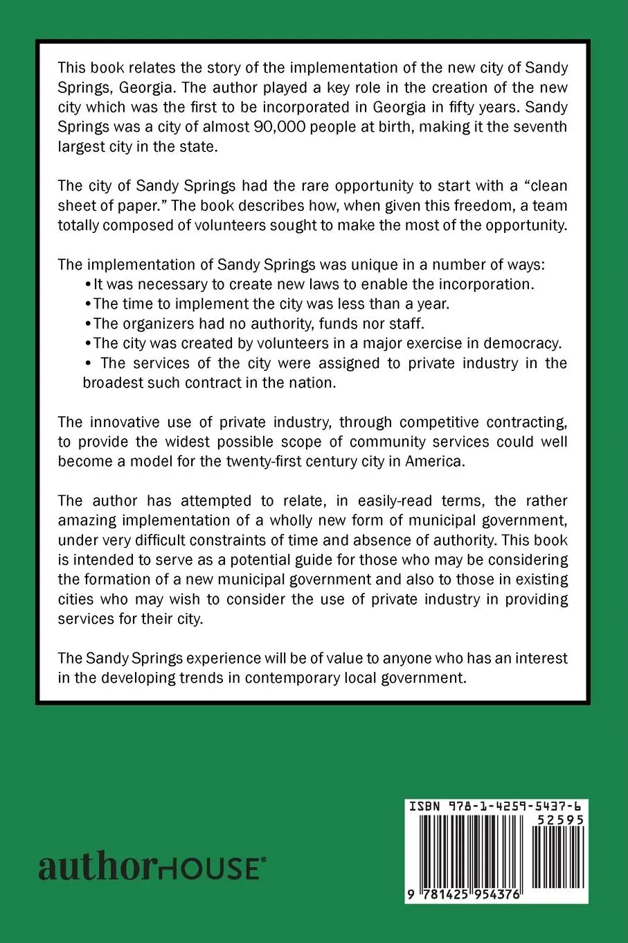 Rückseite: 9781425954376 | Creating the New City of Sandy Springs | Oliver W. Porter | Buch