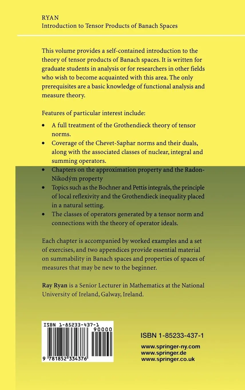 Rückseite: 9781852334376 | Introduction to Tensor Products of Banach Spaces | Raymond A. Ryan