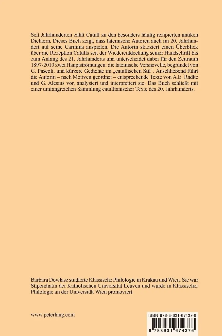 Rückseite: 9783631674376 | Catull-Rezeption in lateinischen Dichtungen von 1897 bis 2010 | Buch