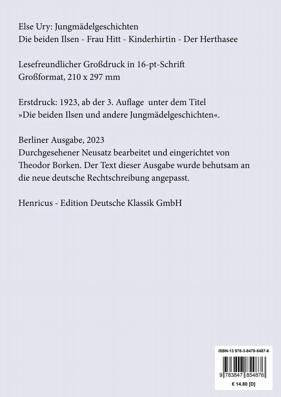Rückseite: 9783847854876 | Jungmädelgeschichten (Großdruck) | Else Ury | Taschenbuch | Paperback