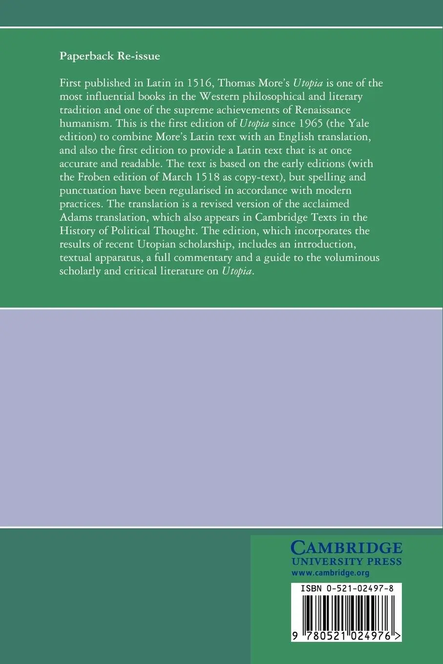 Rückseite: 9780521024976 | More | Utopia: Latin Text and English Translation | Thomas More | Buch