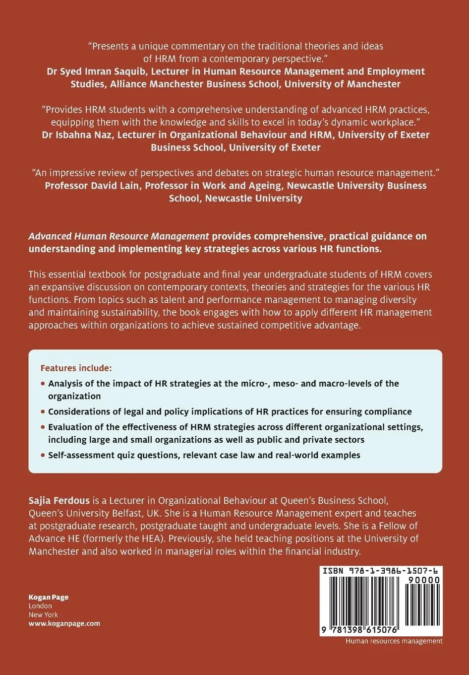 Rückseite: 9781398615076 | Advanced Human Resource Management | Sajia Ferdous | Taschenbuch