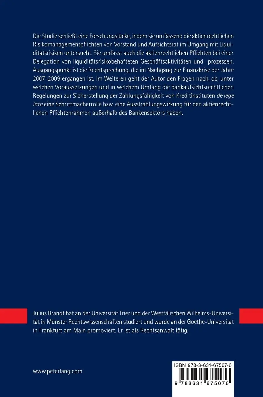 Rückseite: 9783631675076 | Die Steuerung von Liquiditätsrisiken im Aktienrecht und...