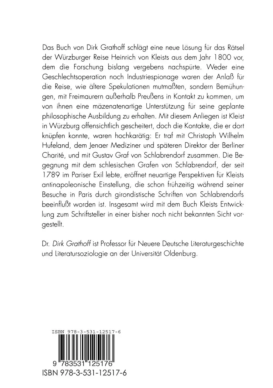 Rückseite: 9783531125176 | Kleists Geheimnisse | Unbekannte Seiten einer Biographie | Grathoff
