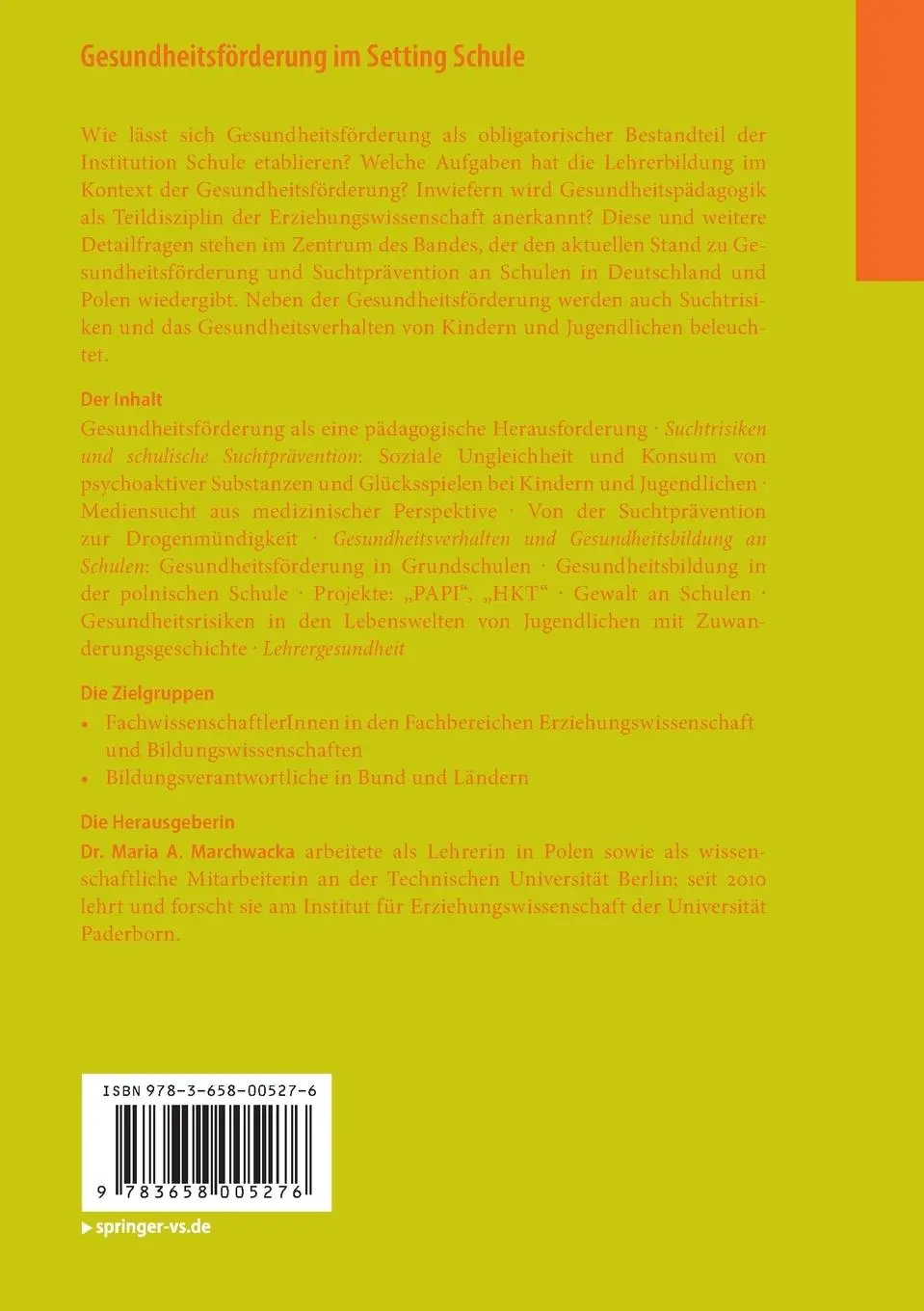 Rückseite: 9783658005276 | Gesundheitsförderung im Setting Schule | Maria A. Marchwacka | Buch