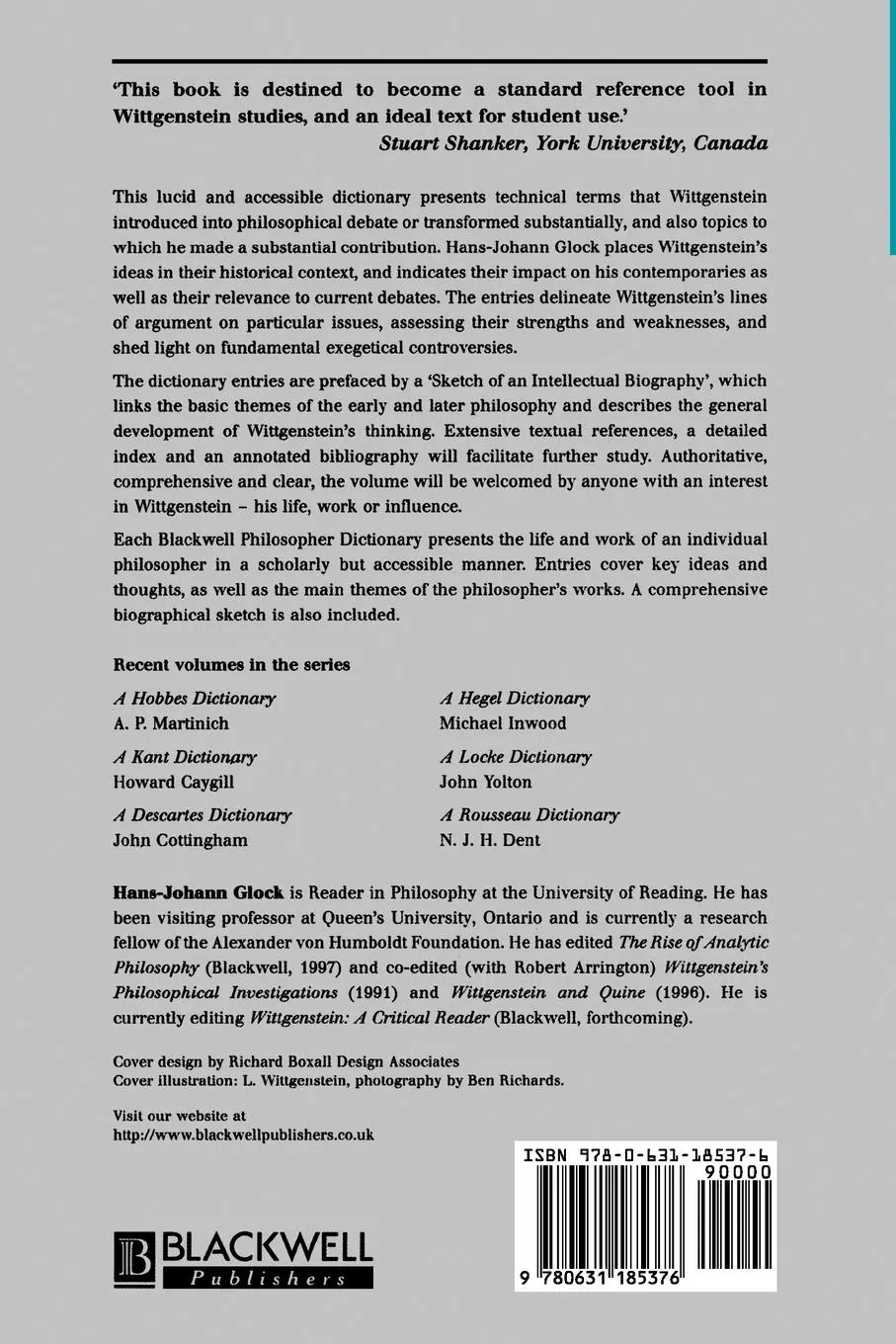 Rückseite: 9780631185376 | Wittgenstein Dictionary | Hans-Johann Glock | Taschenbuch | Englisch