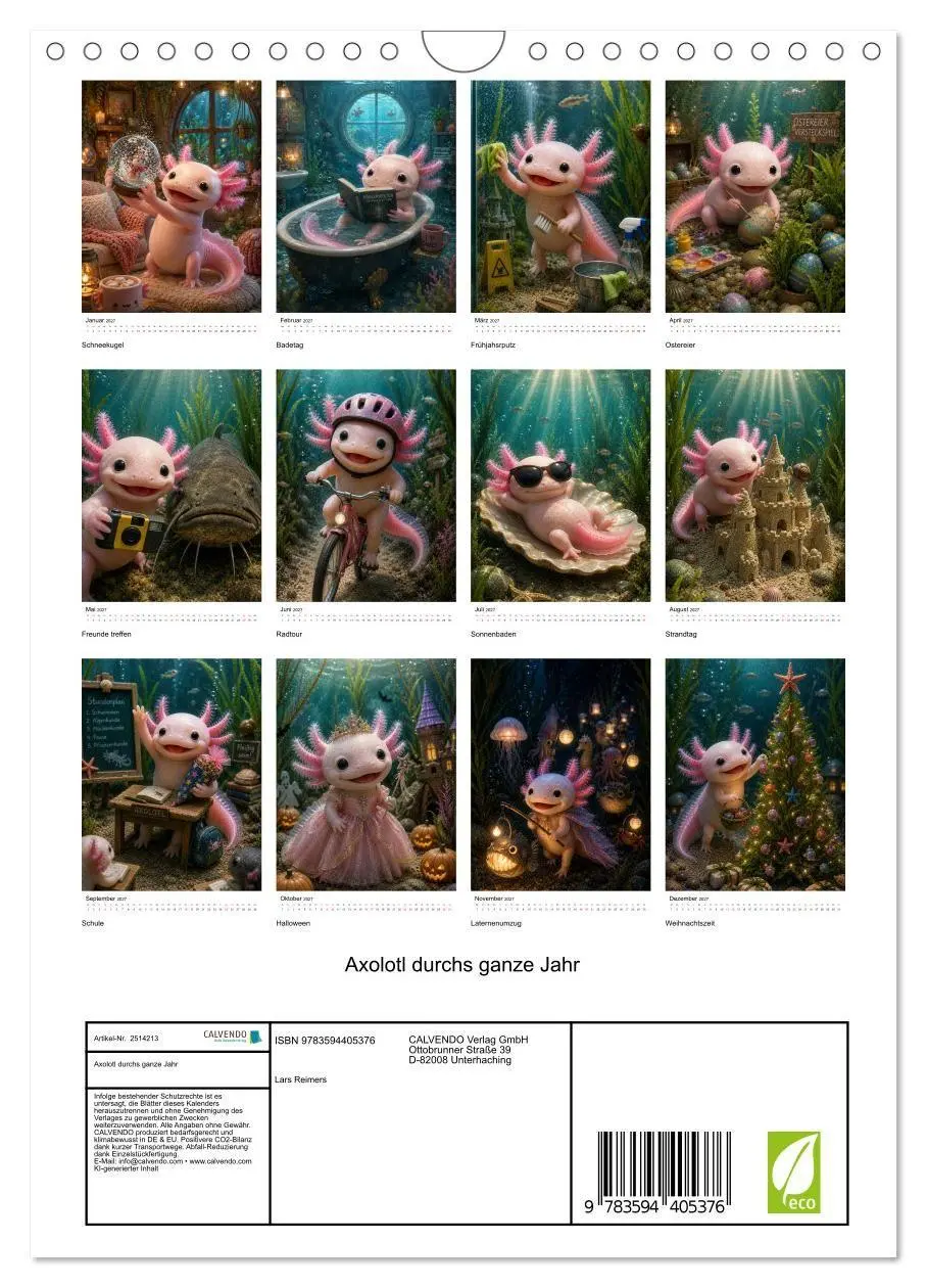 Bild: 9783594405376 | Axolotl durchs ganze Jahr (Wandkalender 2027 DIN A4 hoch), CALVENDO...