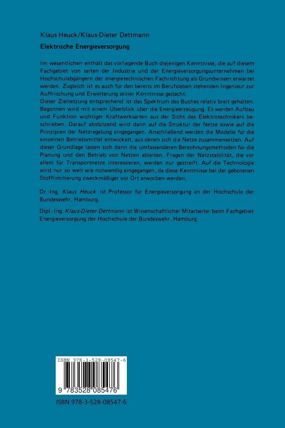 Rückseite: 9783528085476 | Elektrische Energieversorgung | Heuck Klaus | Taschenbuch | 374 S.