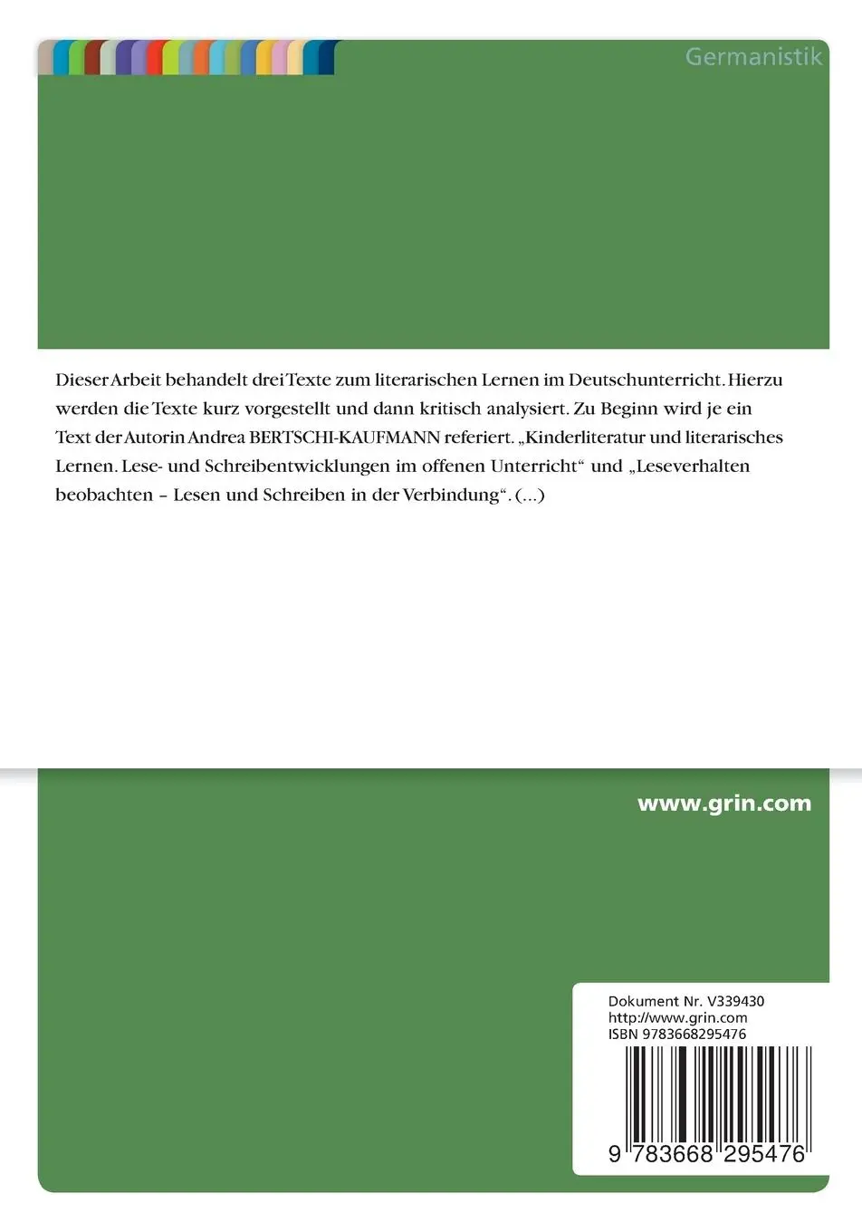 Rückseite: 9783668295476 | Das Lesetagebuch als Unterrichtsmethode im Fach Deutsch | Anonym