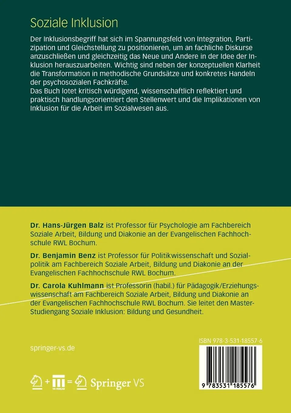 Rückseite: 9783531185576 | Soziale Inklusion | Hans-Jürgen Balz (u. a.) | Taschenbuch | vii