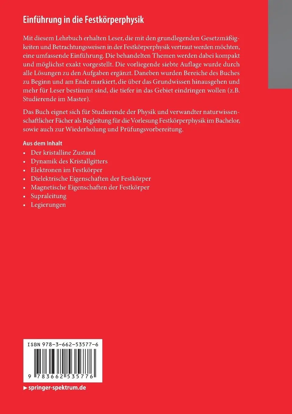 Rückseite: 9783662535776 | Einführung in die Festkörperphysik | Peter Herzog (u. a.) | Buch | xxi