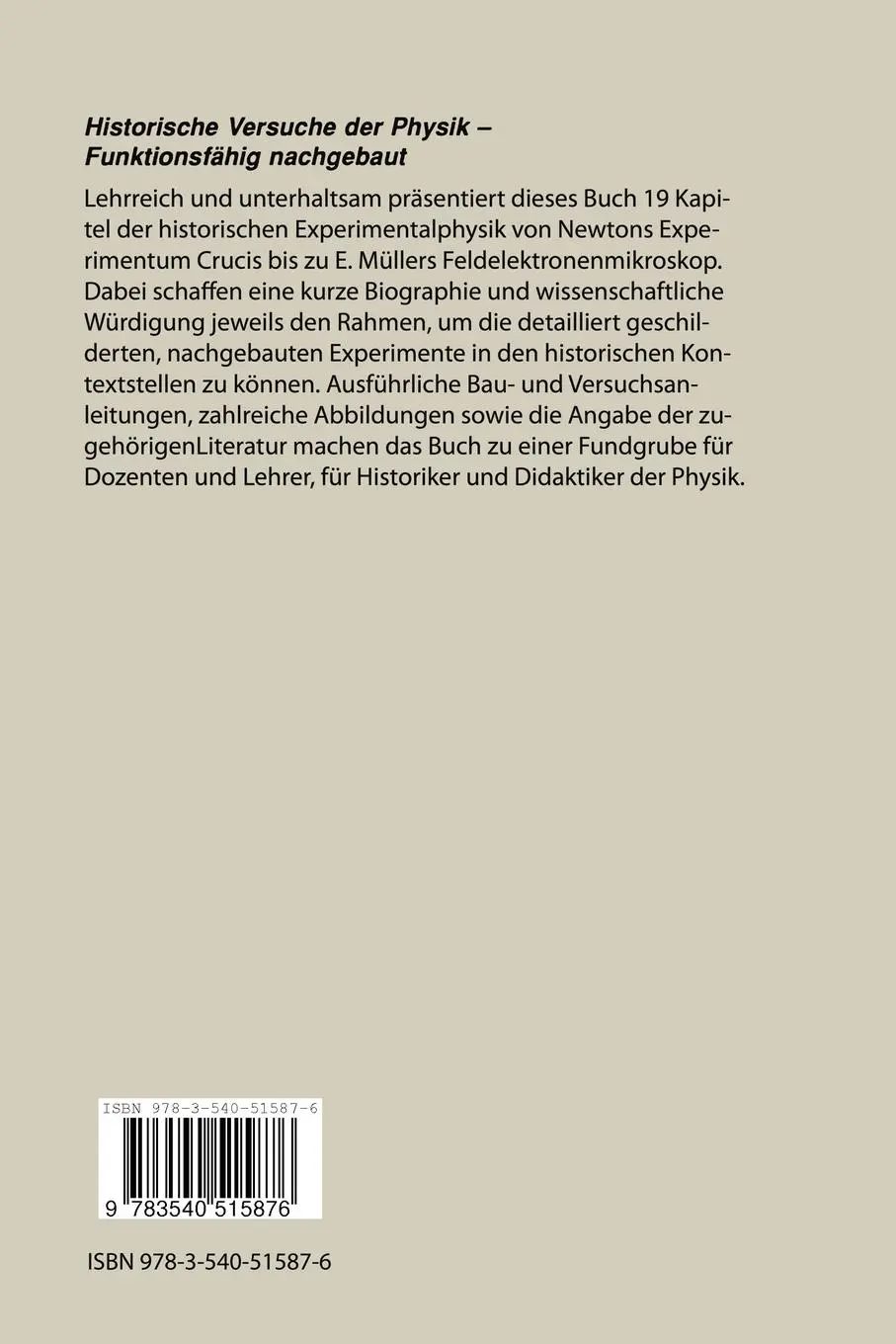 Rückseite: 9783540515876 | Historische Versuche der Physik | Funktionsfähig nachgebaut | Achilles