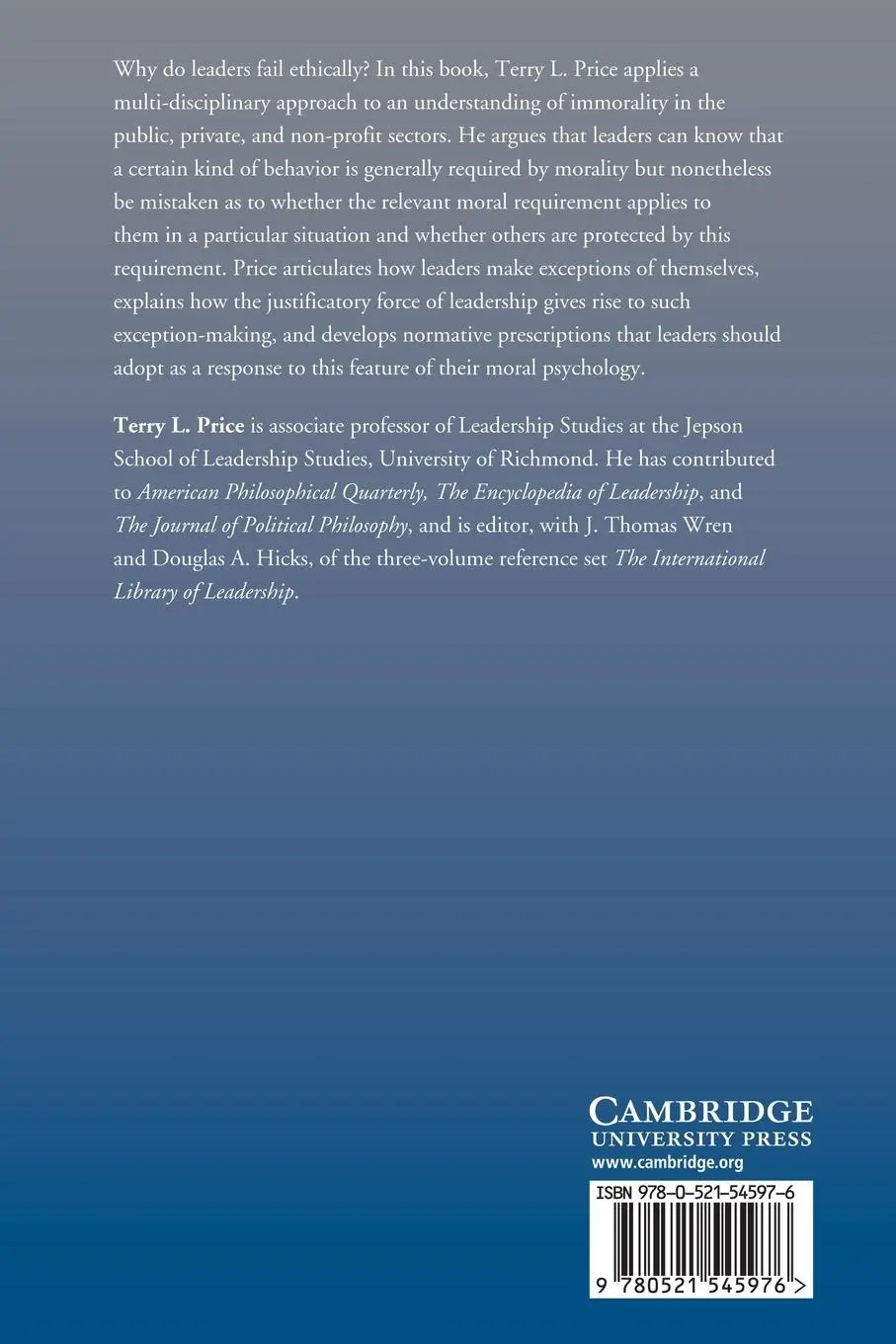 Rückseite: 9780521545976 | Understanding Ethical Failures in Leadership | Terry Price | Buch