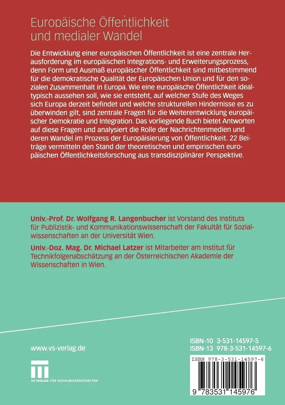 Rückseite: 9783531145976 | Europäische Öffentlichkeit und medialer Wandel | Langenbucher (u. a.)