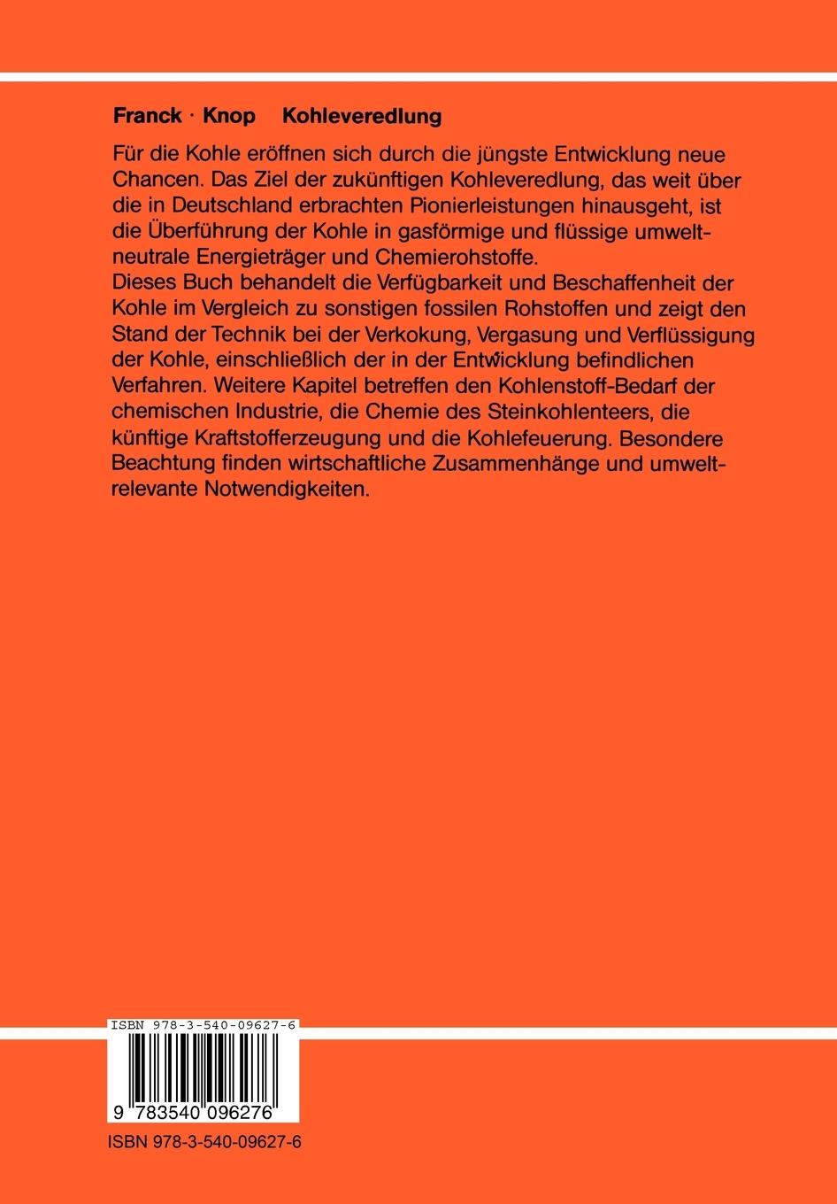 Rückseite: 9783540096276 | Kohleveredlung | Chemie und Technologie | Heinz-Gerhard Franck (u. a.)