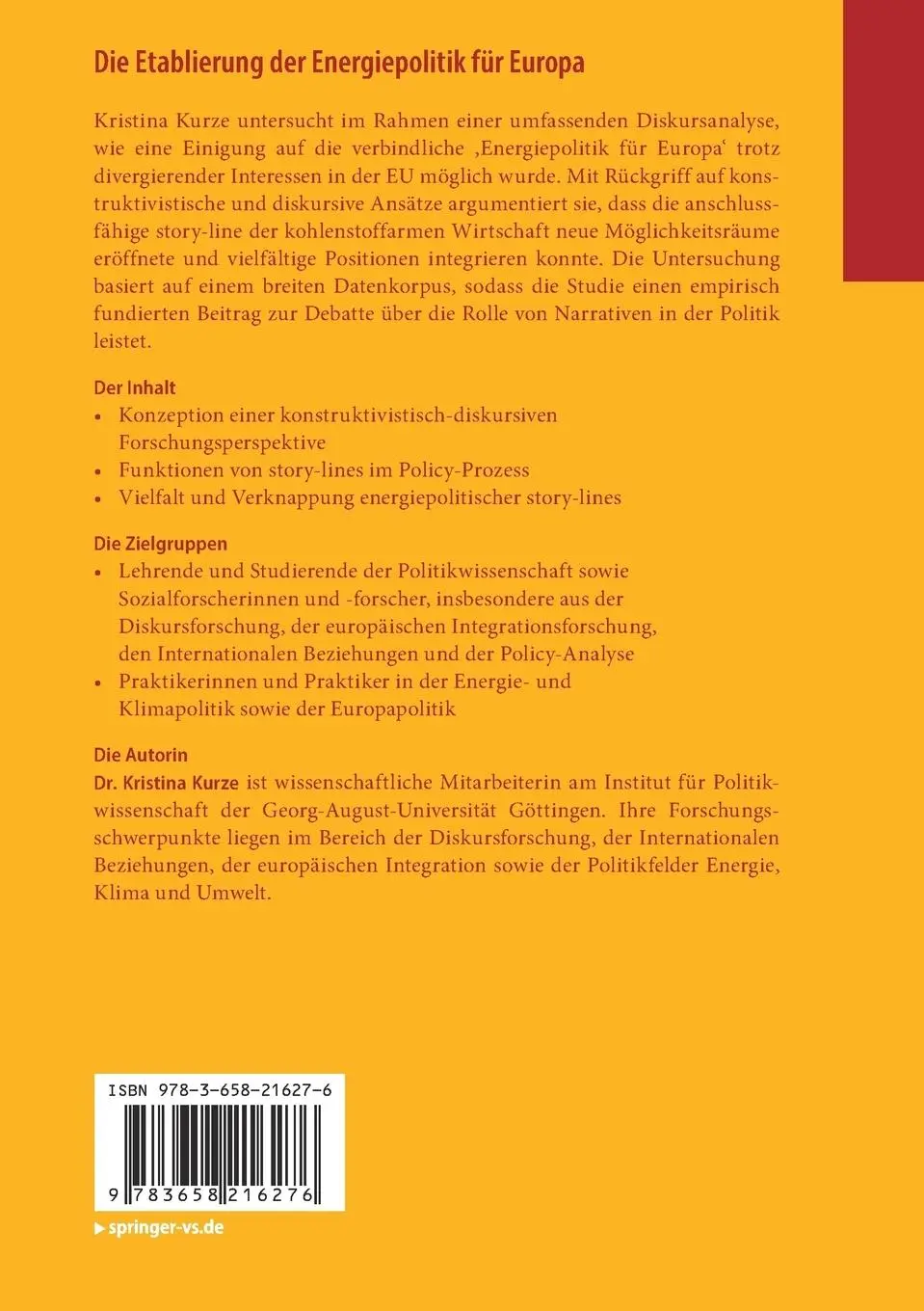 Rückseite: 9783658216276 | Die Etablierung der Energiepolitik für Europa | Kristina Kurze | Buch