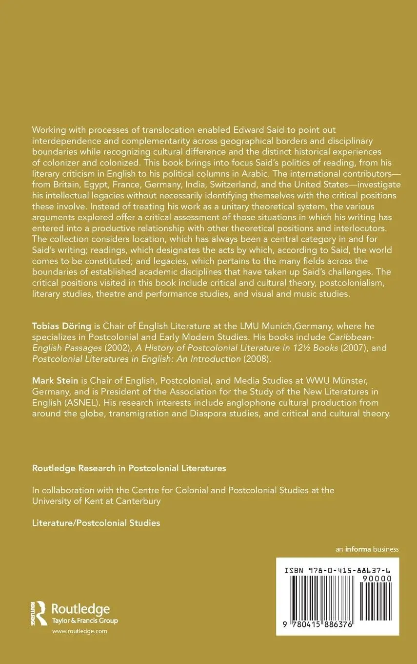 Rückseite: 9780415886376 | Edward Said's Translocations | Essays in Secular Criticism | Buch