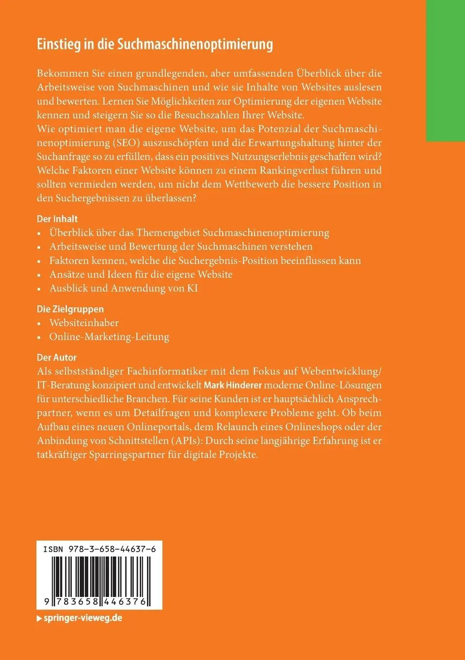 Rückseite: 9783658446376 | Einstieg in die Suchmaschinenoptimierung | Mark Hinderer | Taschenbuch