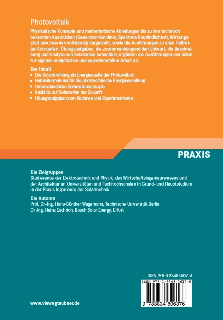 Rückseite: 9783834806376 | Photovoltaik | Heinz Eschrich (u. a.) | Taschenbuch | xii | Deutsch