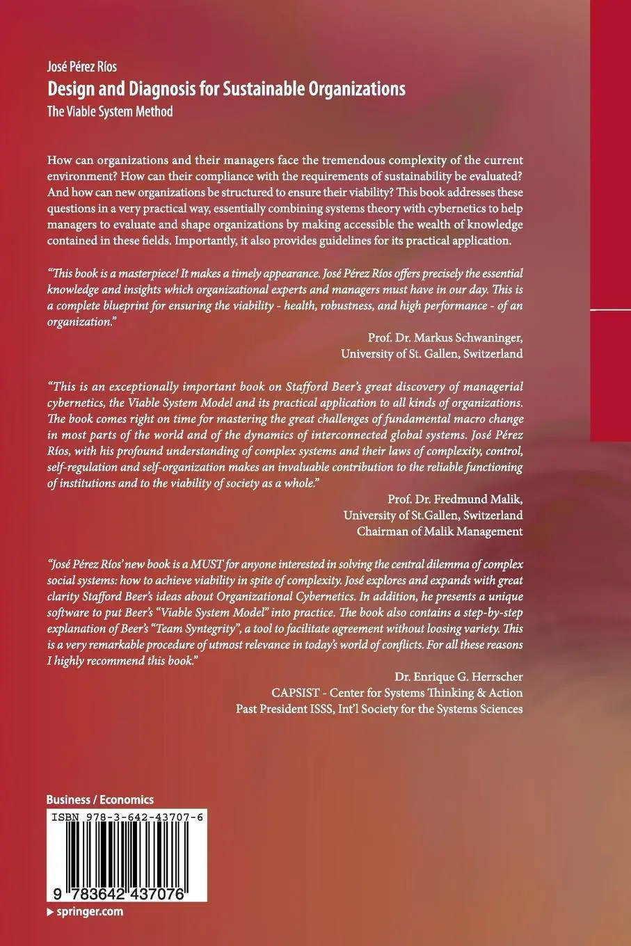 Rückseite: 9783642437076 | Design and Diagnosis for Sustainable Organizations | Jose Perez Rios