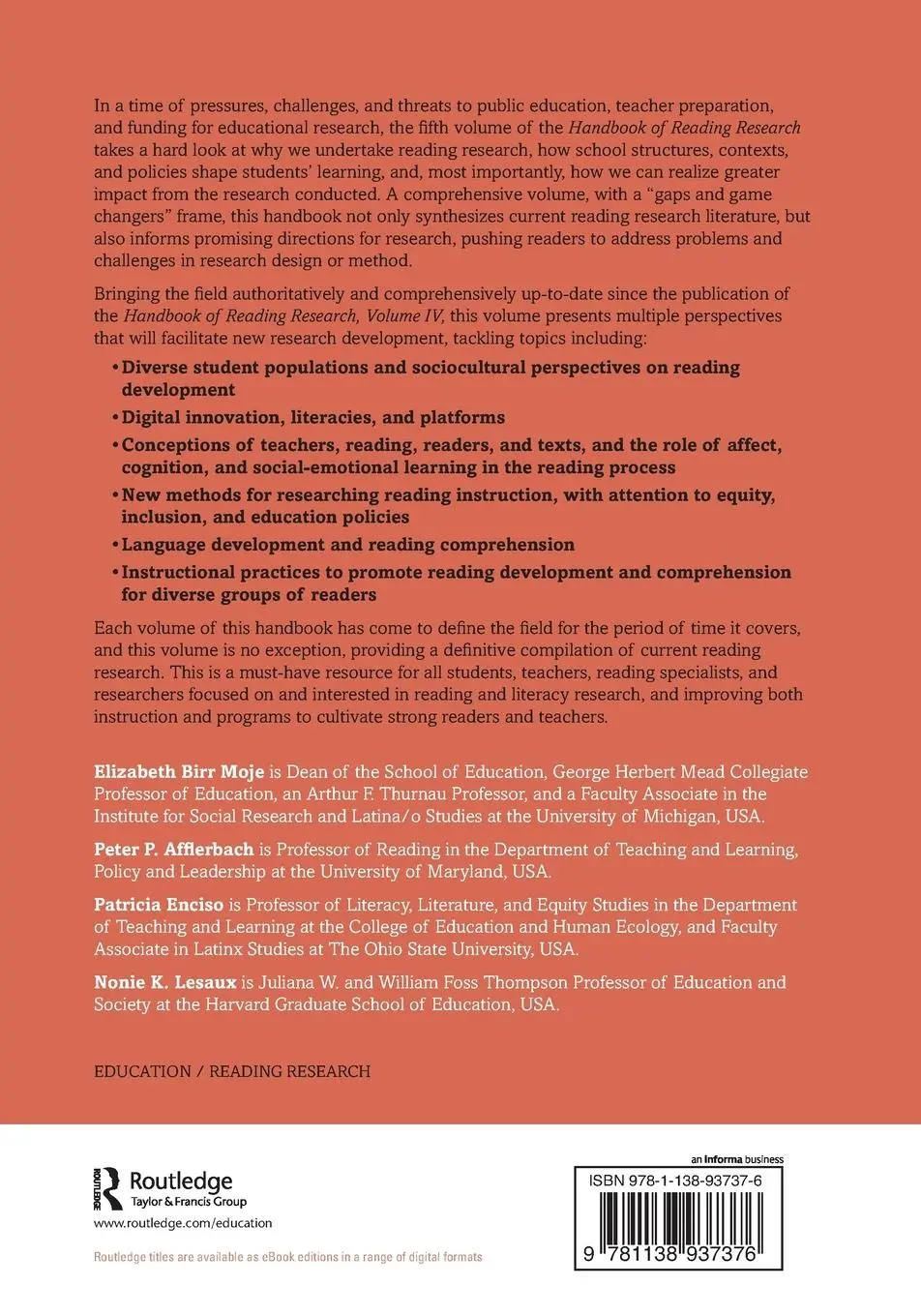 Rückseite: 9781138937376 | Handbook of Reading Research, Volume V | Elizabeth Birr Moje (u. a.)