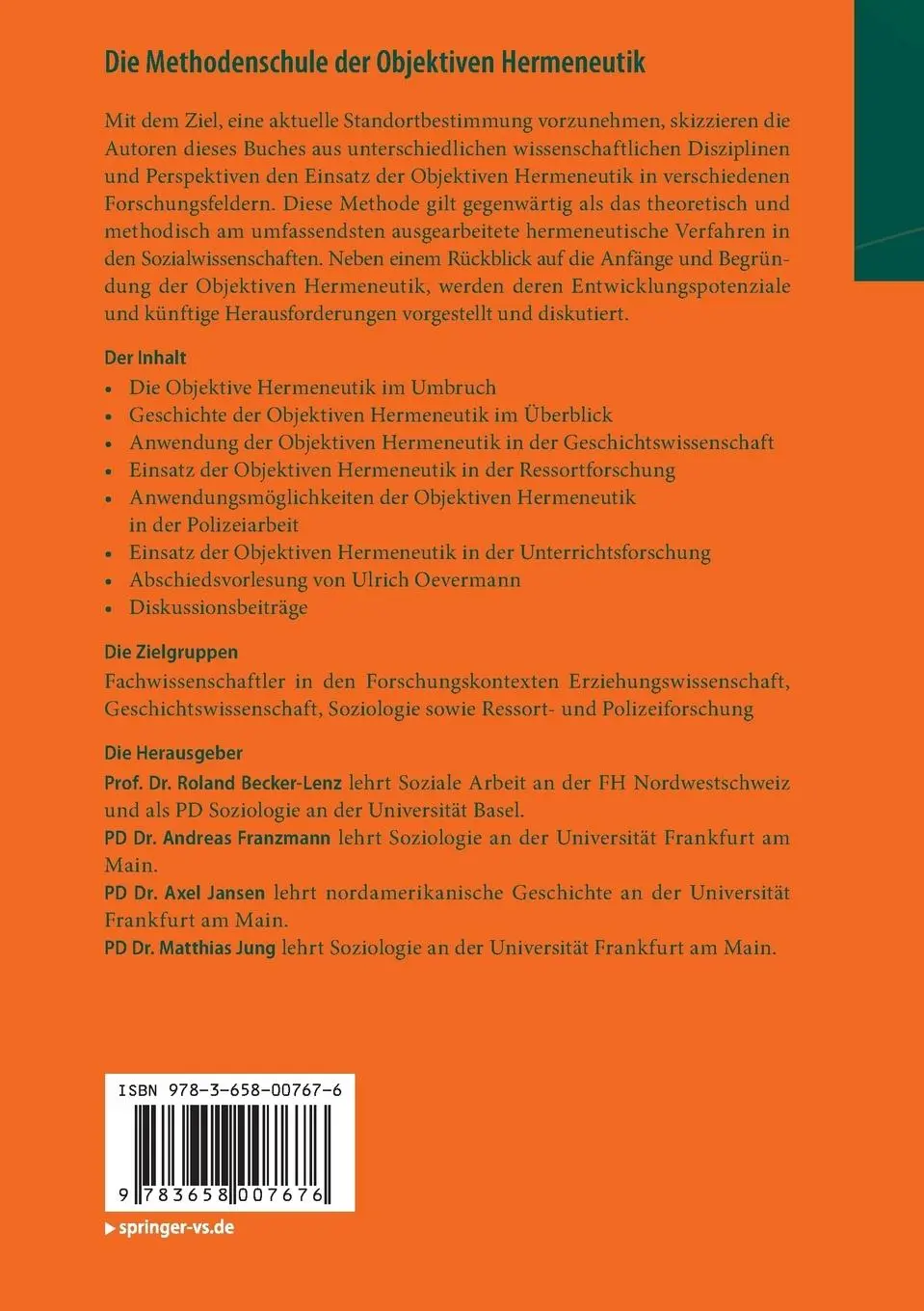 Rückseite: 9783658007676 | Die Methodenschule der Objektiven Hermeneutik | Eine Bestandsaufnahme