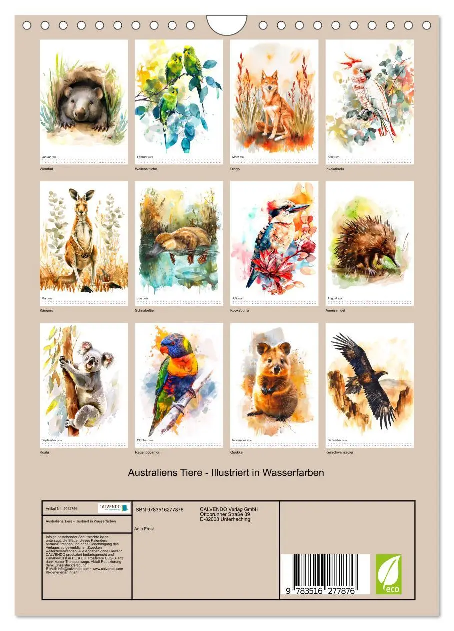 Bild: 9783516277876 | Australiens Tiere - Illustriert in Wasserfarben (Wandkalender 2026...