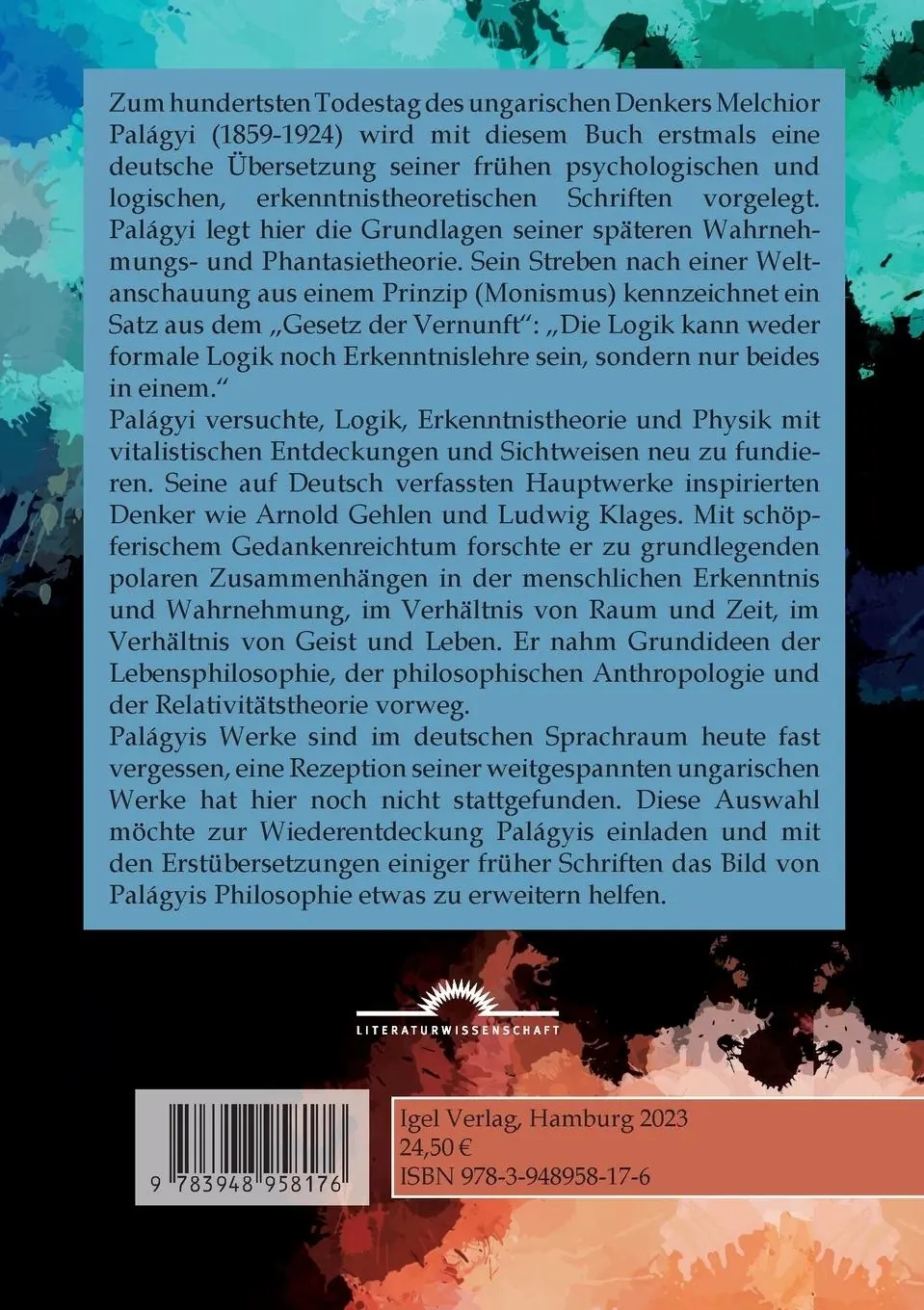 Rückseite: 9783948958176 | Melchior Palágyi. Frühe Schriften zur Psychologie, Logik und...