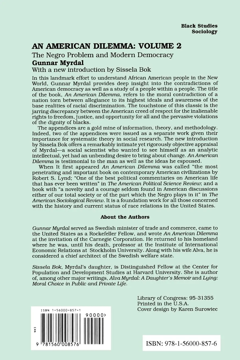 Rückseite: 9781560008576 | An American Dilemma | The Negro Problem and Modern Democracy, Volume 2
