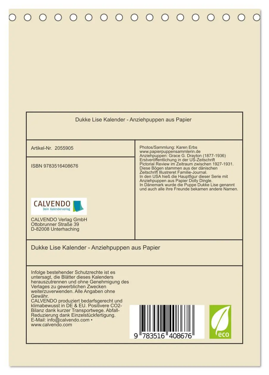Bild: 9783516408676 | Dukke Lise Kalender - Anziehpuppen aus Papier (Tischkalender 2026...