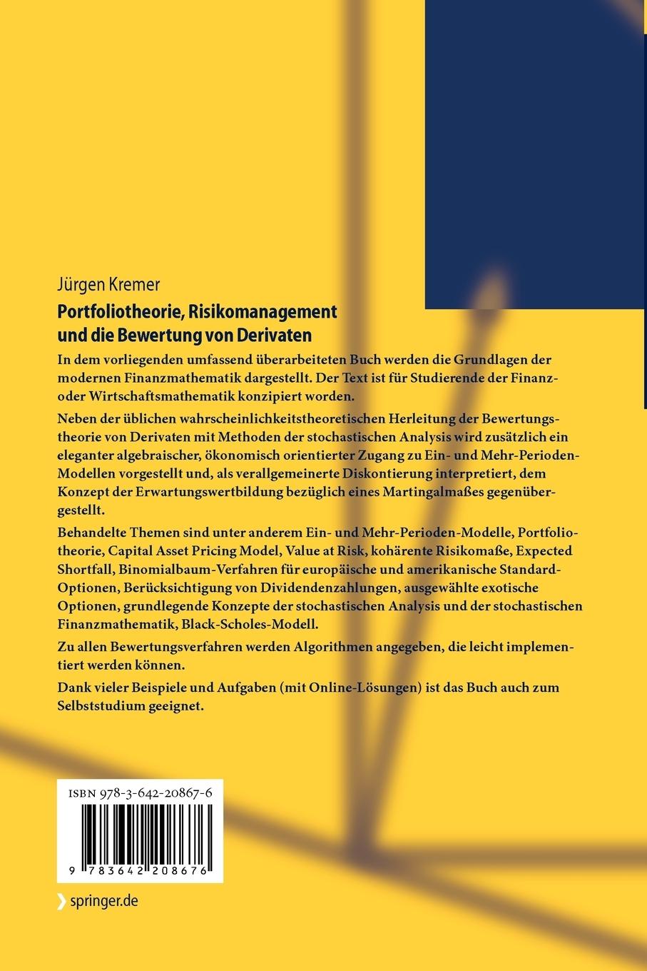 Rückseite: 9783642208676 | Portfoliotheorie, Risikomanagement und die Bewertung von Derivaten