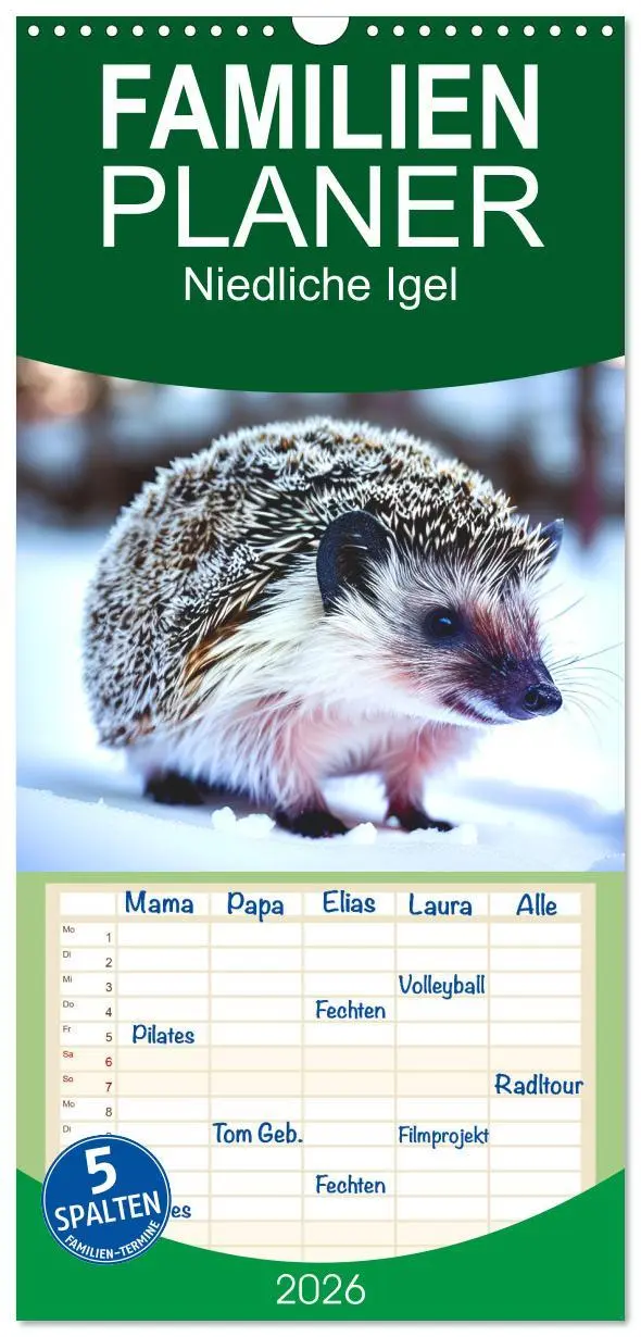 Cover: 9783516498776 | Familienplaner 2026 - Niedliche Igel mit 5 Spalten (Wandkalender,...
