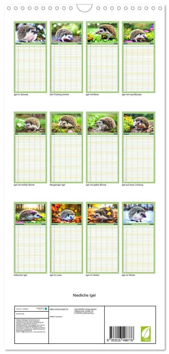 Bild: 9783516498776 | Familienplaner 2026 - Niedliche Igel mit 5 Spalten (Wandkalender,...