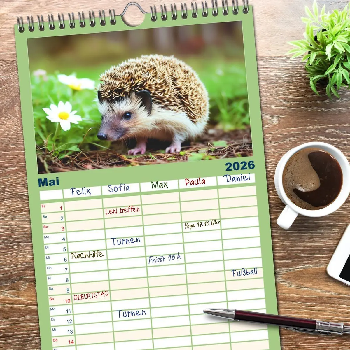 Bild: 9783516498776 | Familienplaner 2026 - Niedliche Igel mit 5 Spalten (Wandkalender,...