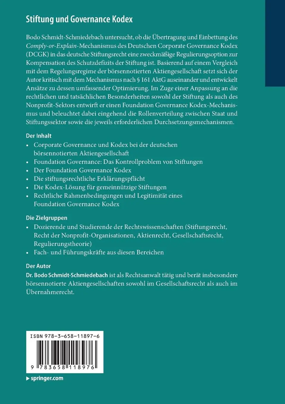 Rückseite: 9783658118976 | Stiftung und Governance Kodex | Bodo Schmidt-Schmiedebach | Buch