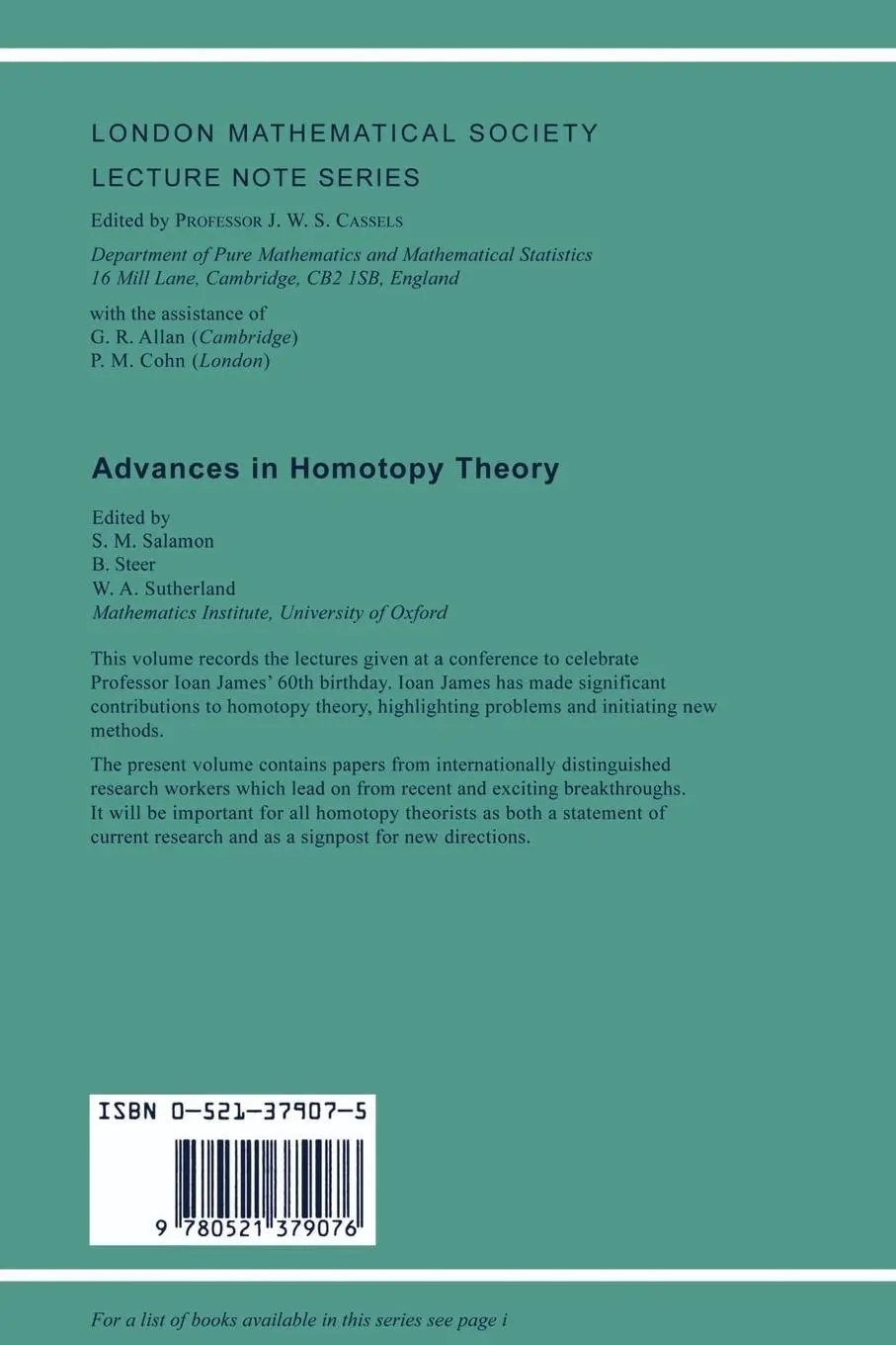 Rückseite: 9780521379076 | Advances in Homotopy Theory | S. Salamon (u. a.) | Taschenbuch | 1989