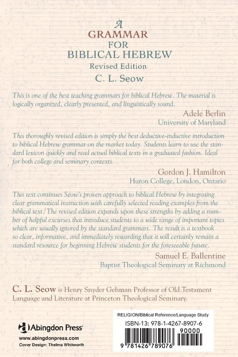 Rückseite: 9781426789076 | A Grammar for Biblical Hebrew | C. L. Seow | Taschenbuch | Englisch