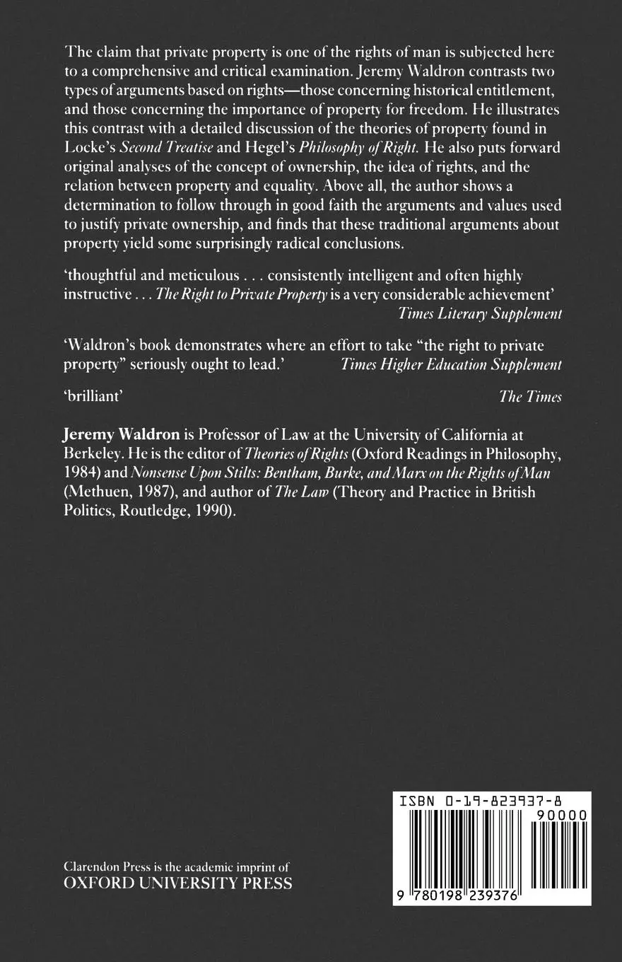 Rückseite: 9780198239376 | The Right to Private Property | Jeremy Waldron | Taschenbuch | 1990