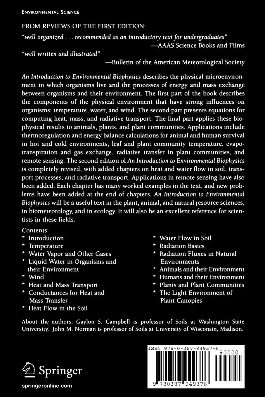 Rückseite: 9780387949376 | An Introduction to Environmental Biophysics | John Norman (u. a.)