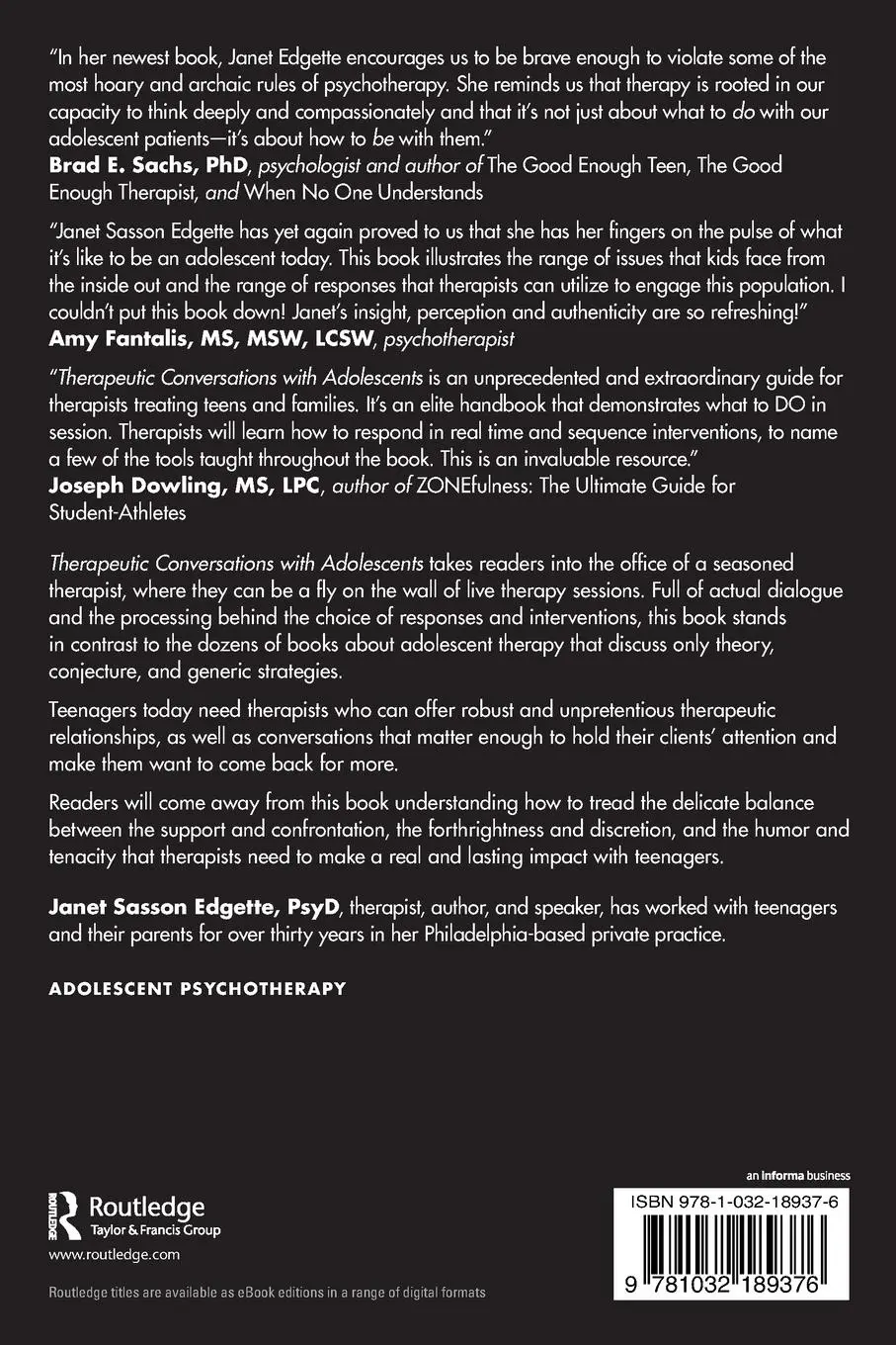 Rückseite: 9781032189376 | Therapeutic Conversations with Adolescents | Janet Sasson Edgette
