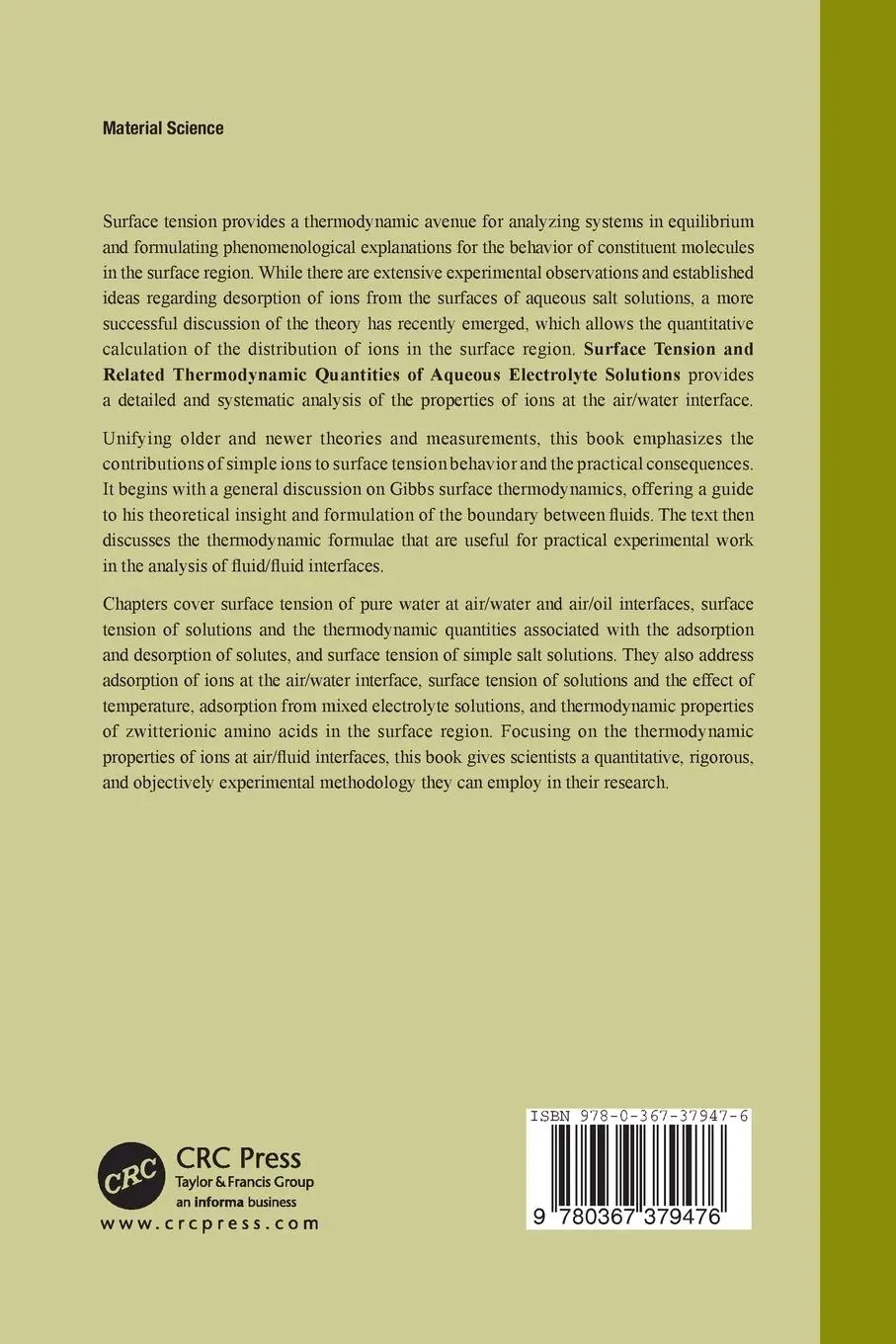 Rückseite: 9780367379476 | Surface Tension and Related Thermodynamic Quantities of Aqueous...