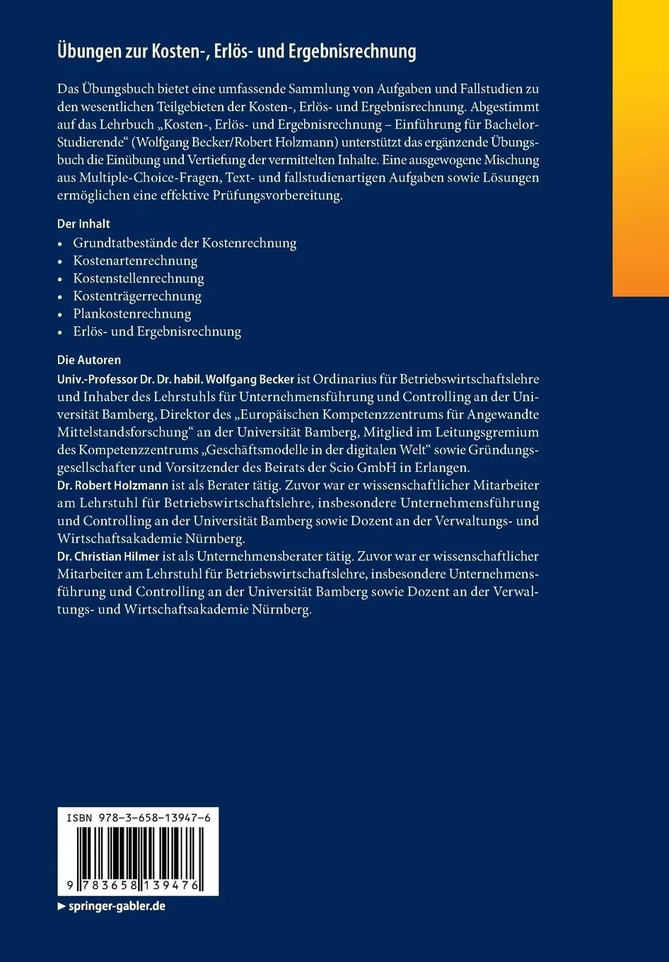 Rückseite: 9783658139476 | Übungen zur Kosten-, Erlös- und Ergebnisrechnung | Becker (u. a.)