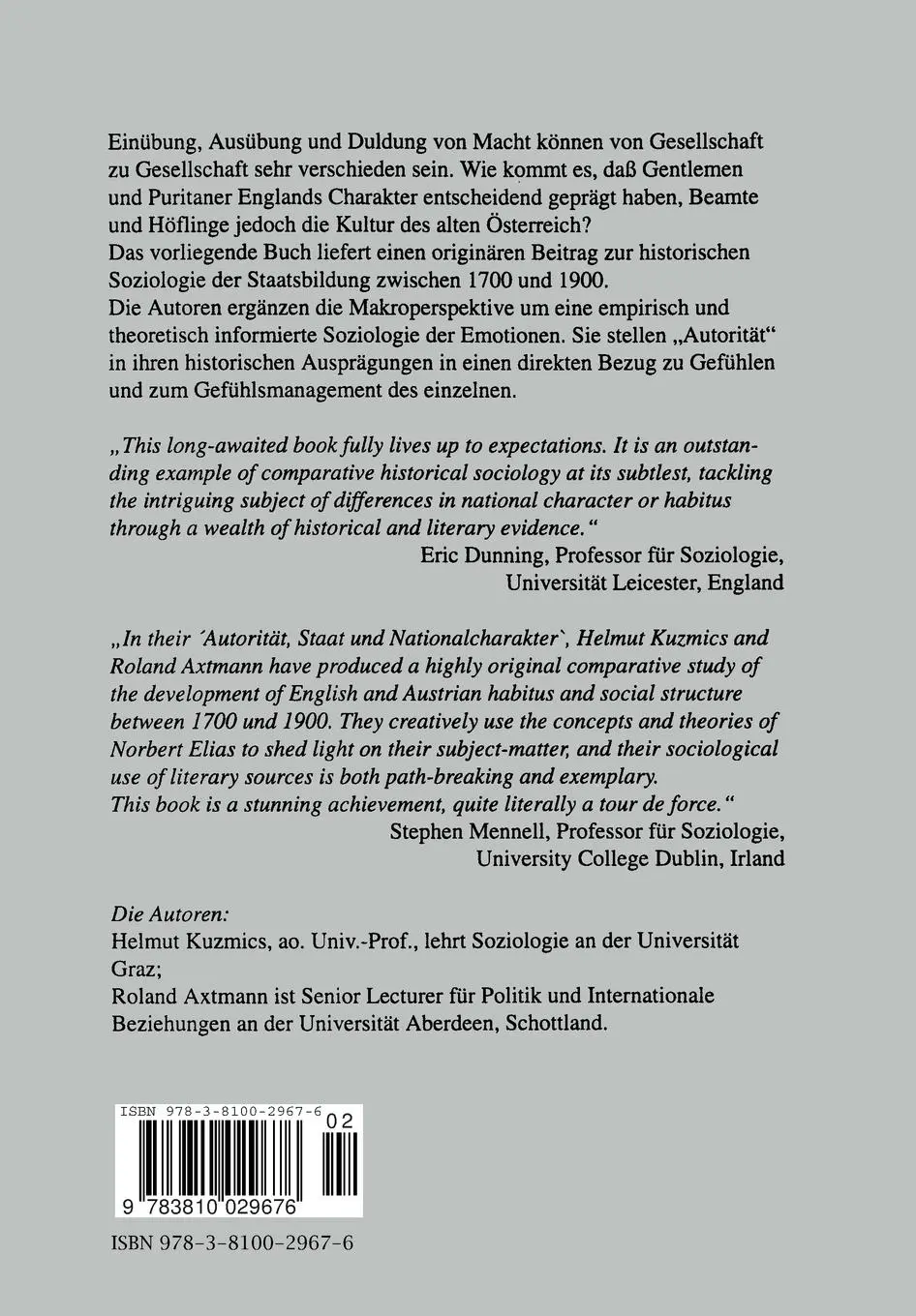 Rückseite: 9783810029676 | Autorität, Staat und Nationalcharakter | Helmut Kuzmics (u. a.) | Buch