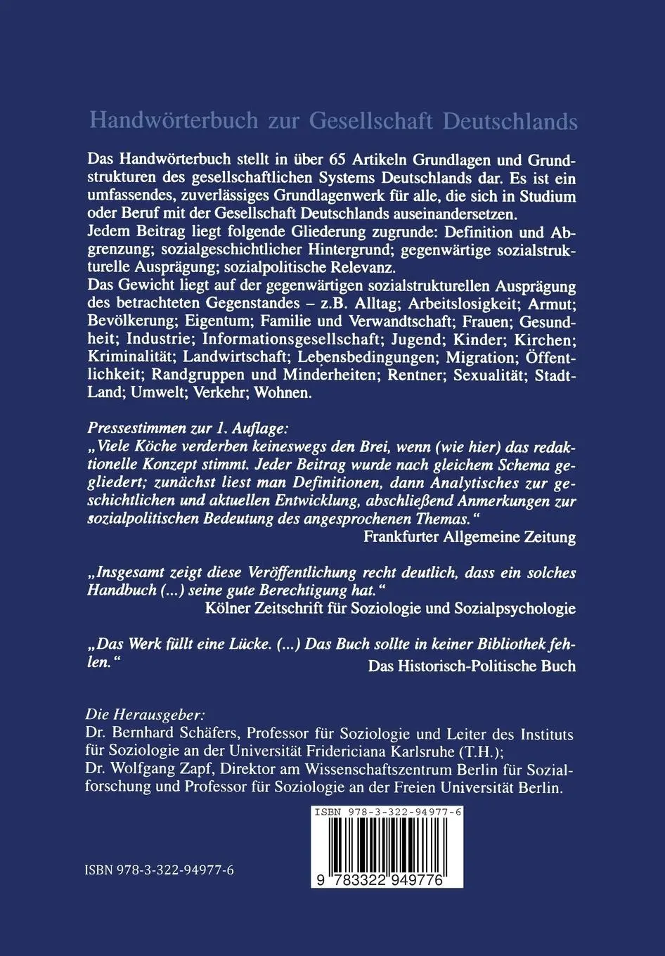 Rückseite: 9783322949776 | Handwörterbuch zur Gesellschaft Deutschlands | Wolfgang Zapf (u. a.)