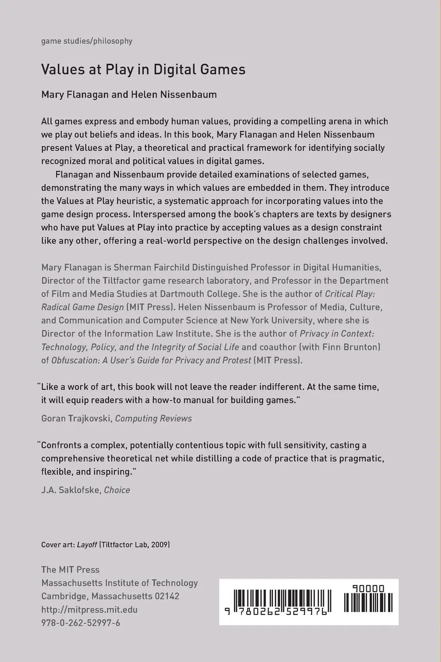 Rückseite: 9780262529976 | Values at Play in Digital Games | Mary Flanagan (u. a.) | Taschenbuch