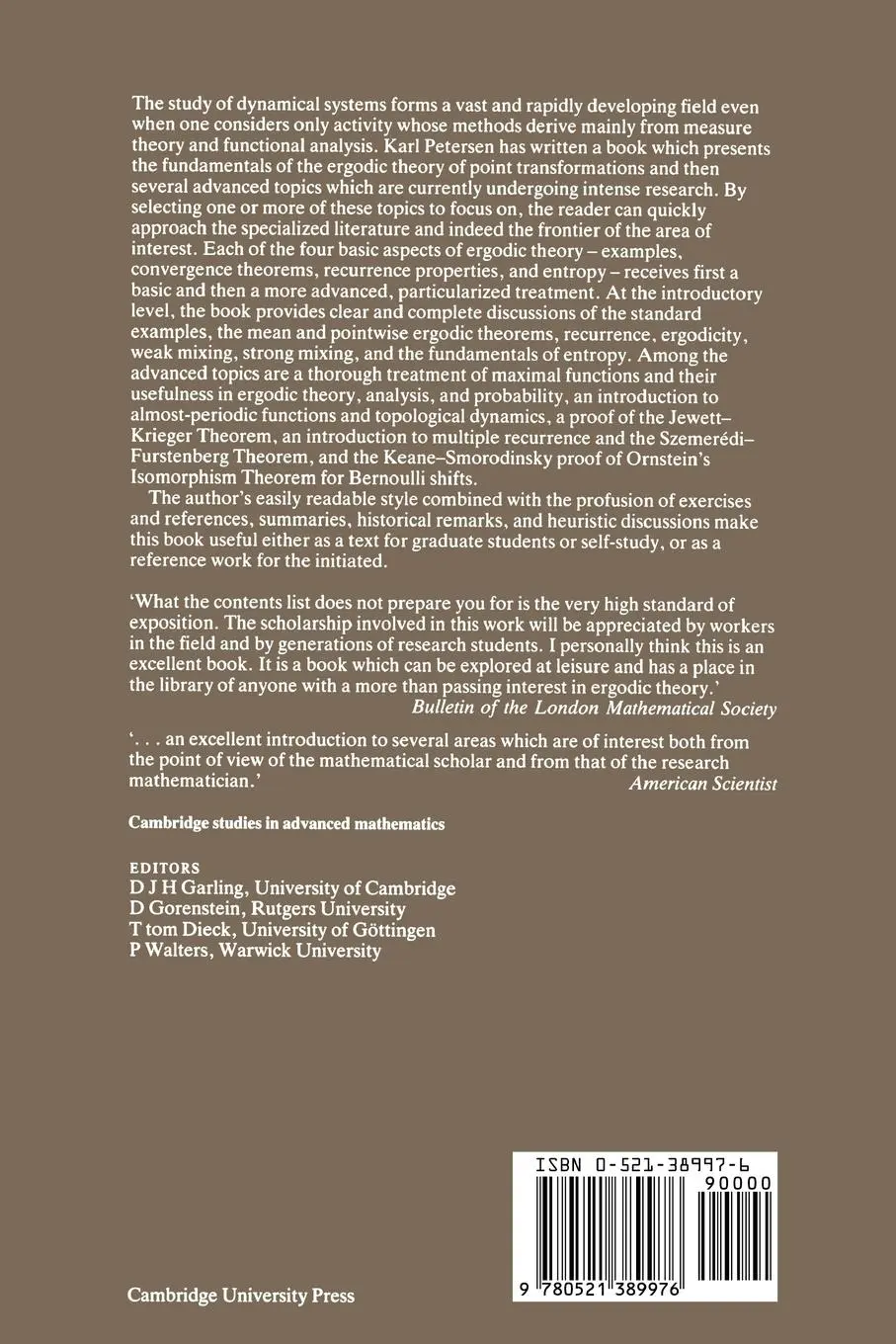 Rückseite: 9780521389976 | Ergodic Theory | Karl Petersen | Taschenbuch | Englisch | 1990